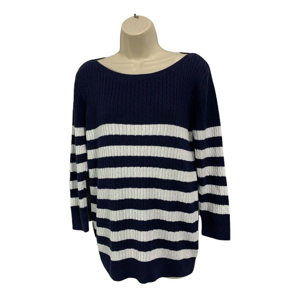Jeanne Pierre Women's Ribbed Sweater Size Large Blue White Long Sleeve Cotton